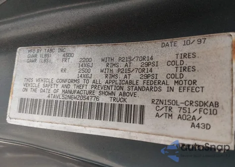 1998 Toyota Tacoma из США, поврежденный, VIN 4TAVL52N6WZ054776